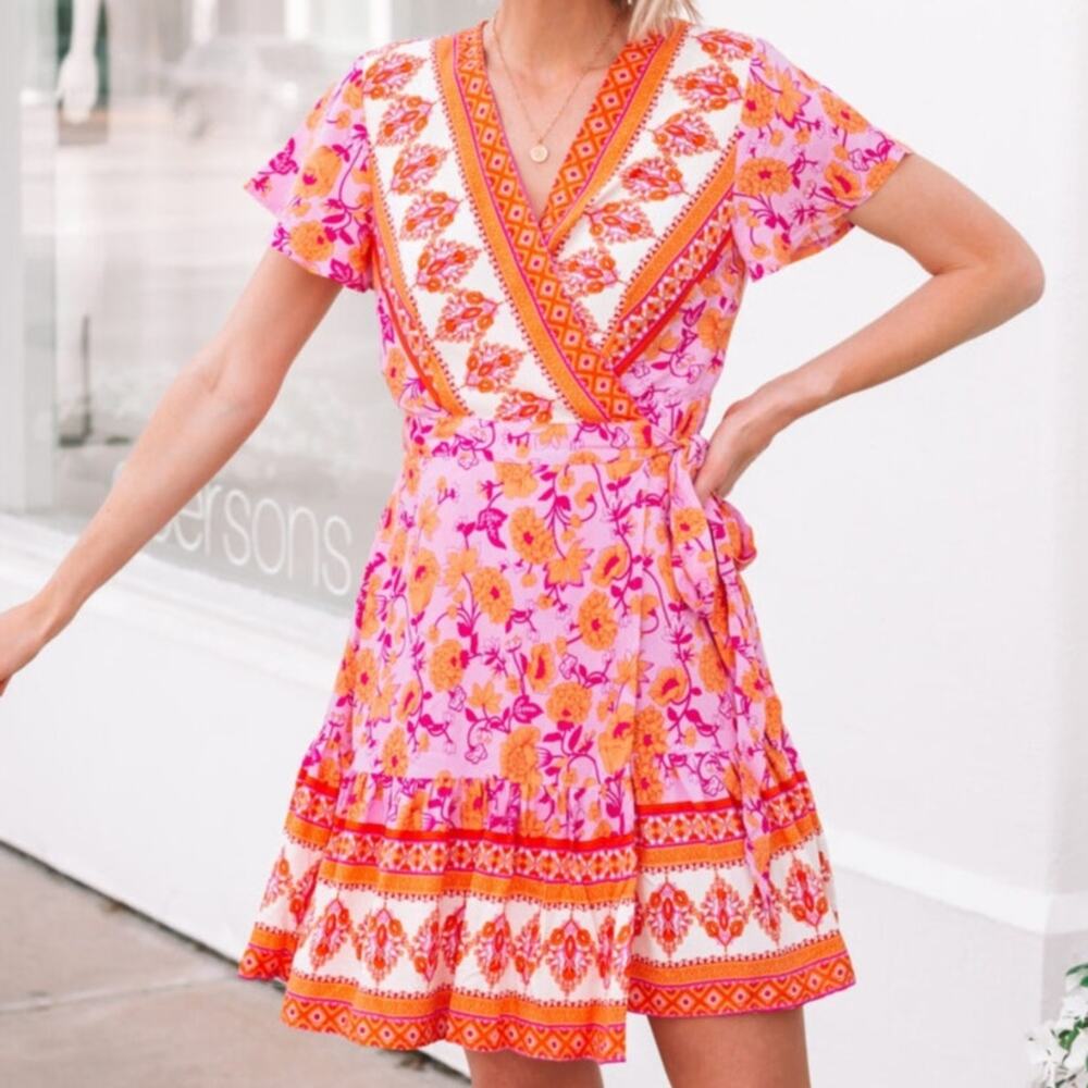 Zesica Wrap V-Neck Boho Floral Print Ruffle Mini Dress Pink Orange Size Medium